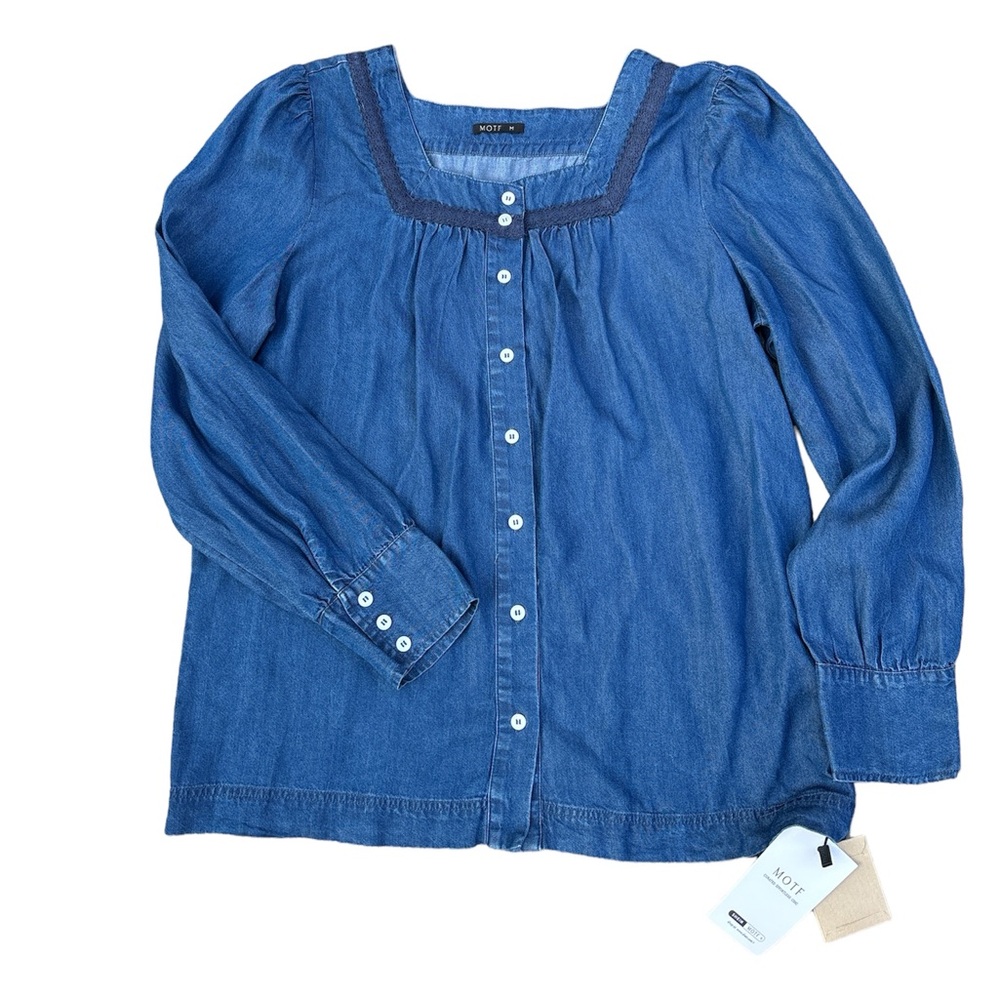 MOTF denim blouse with stitching pattern-NEW